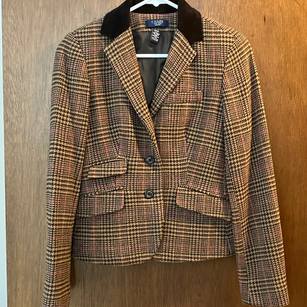 CHAPS Women's Checkered Blazer - Brown and Black with flecks of pink and orange.